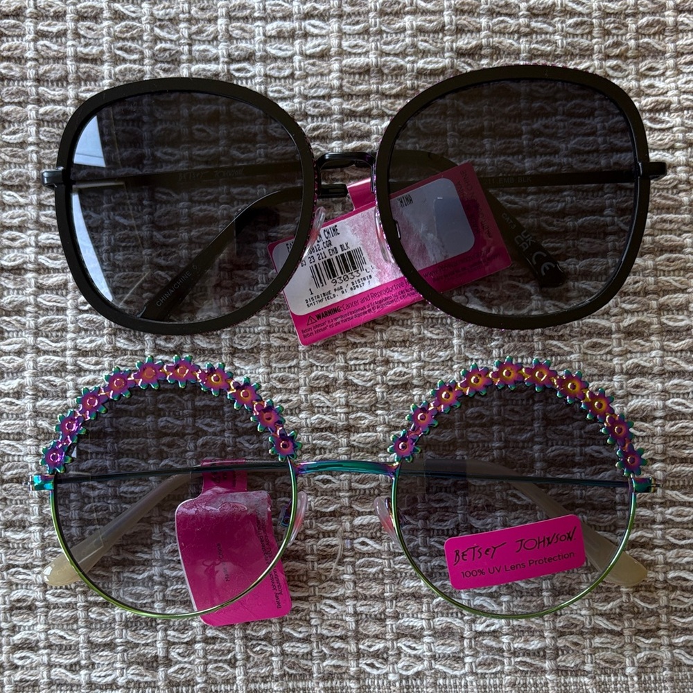 Betsey Johnson Black Oversized Sunglasses + Iridescent Floral Round Metal Frames